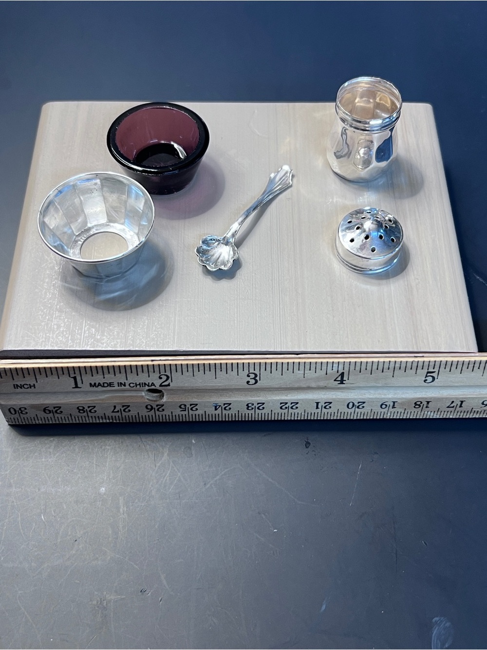 Vintage Sterling Silver Salt Cellar with Amethyst Glass , Shell Spoon & Shaker